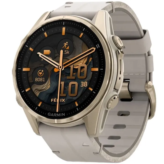 Смарт-годинник Garmin fenix 8 43mm, AMOLED, Saph, SftGldSS/FogGryLeatherBnd, Excl, GPS (010-02903-40)